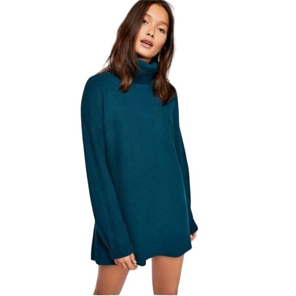 Free People Softly Structured Deep Jade Mock Neck Ribbed Oversized Sweater Size - Picture 5 of 10